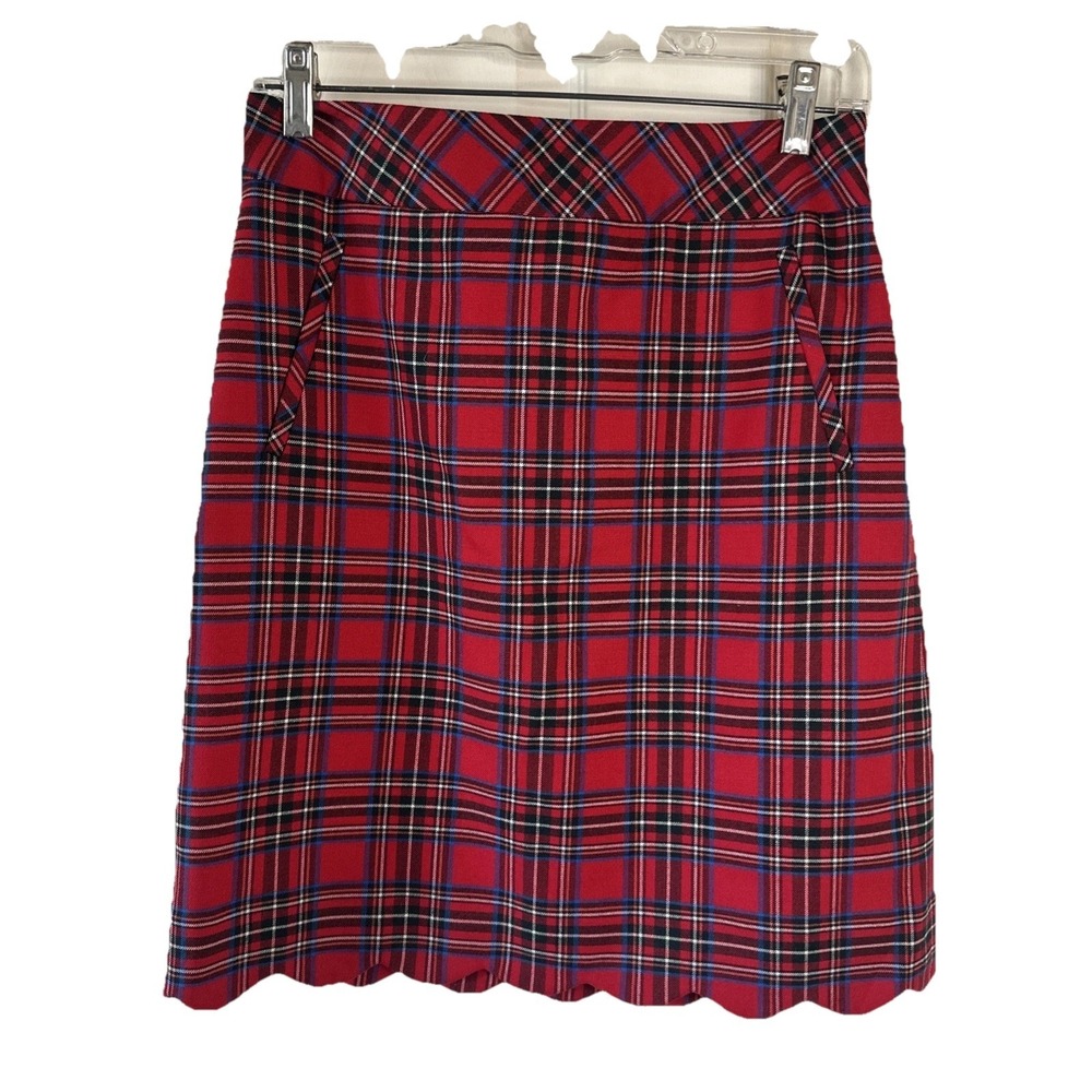 Talbots 2 Red Tartan Skirt Scallop Hem Holiday Winter Preppy‎ Plaid Wool Blend